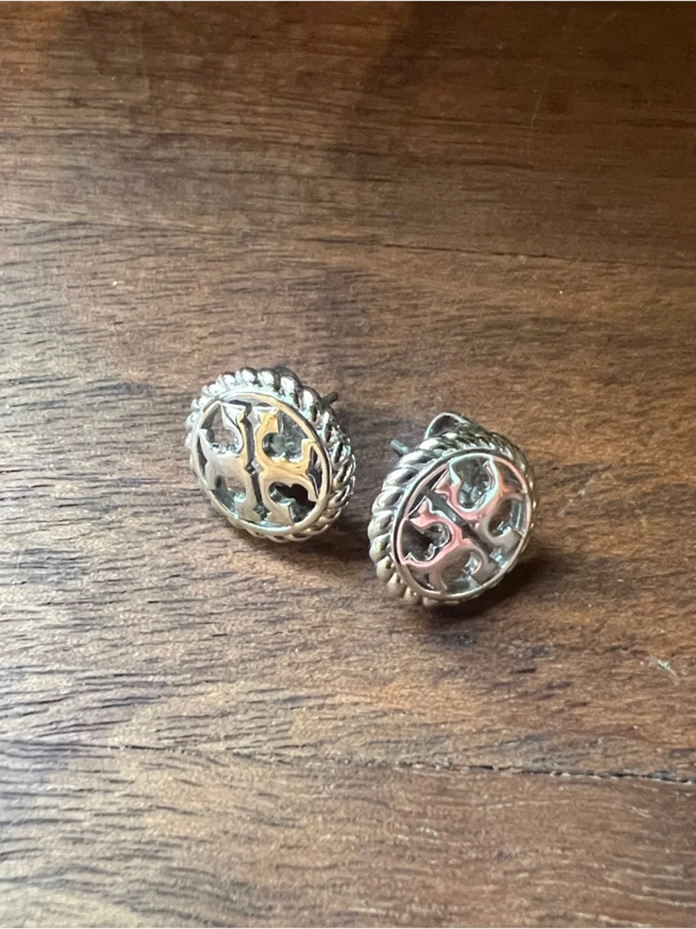 Tory Burch Silver Logo Rope-Edge Stud Earrings
